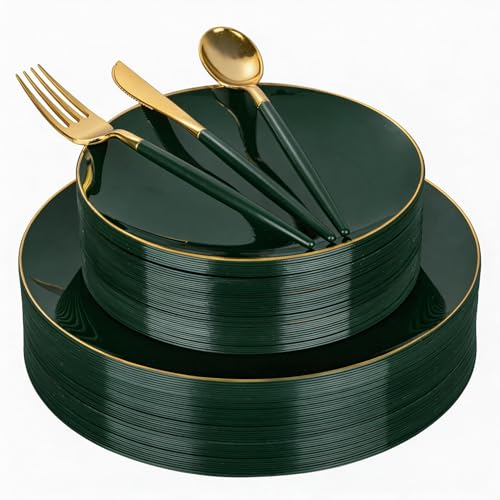 150Pcs Green Plastic Plates with Gold Rim,Disposable Plates with Cutlery - color: Green Gold