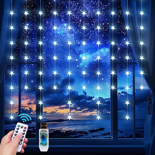 Star Curtain Lights Hanging Star Lights for Window 70 Stars String Light for Wall Décor USB Plug in 8 Modes Twinkle Fairy Lights for Christmas, Bedroom, Indoor, Outdoor, Weddings, Party (Cold White) - color: Cold White, size: 10 x 2.6 FT