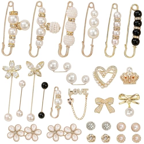 28 Pcs Brooches and Pins for Women Clothing Include Safety Pins & Pants Waist Tightener Pearl & Rhinestone Design for Clothes Accessories