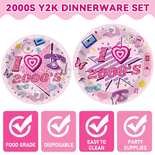Qyeahkj 100Pcs 2000s Y2K Pink Decorations Party Supplies 90s Plates Napkins Disposable 1990s Tableware Dinnerware Birthday for 90's Kids Bachelorette Favor - style: Pink Y2K