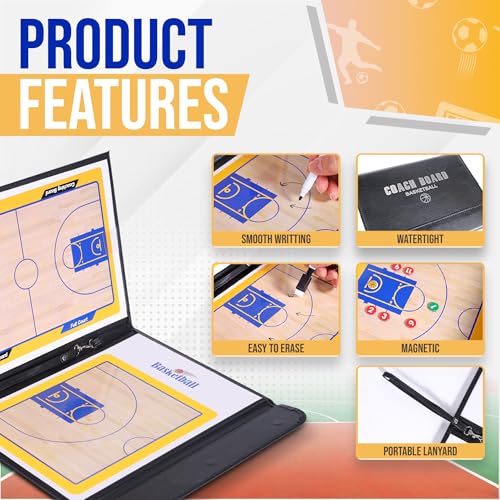 ZPU Dry Erase Coaching Board, Magnetic Coaches Clipboards, Portable Foldable Tactics Board with Dry Erase Marker Pen and Magnets – Basketball, Football, Soccer, Hockey - style: Basketball
