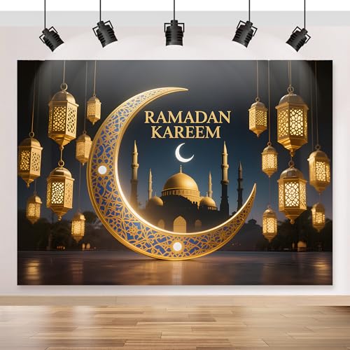 Ramadan Mubarak Backdrop 70.8x43.3 inch, for Muslim Ramadan Kareem Party Decorations, Eid Mubarak Sign Photo Booth for Home Muslim Eid Al Fitr Party - color: Dark