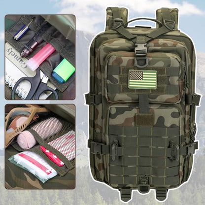 Hannibal Tactical MOLLE Assault Backpack, Tactical Backpack Military Army Camping Rucksack, 3-Day Pack Trip w/USA Flag Patch, D-Rings, Polish Camo - color: Polish Camo