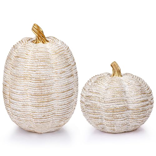 2Pcs White Resin Fall Pumpkin Decor Set for Thanksgiving Halloween - color: Resin Pumpkin-2white & Gold