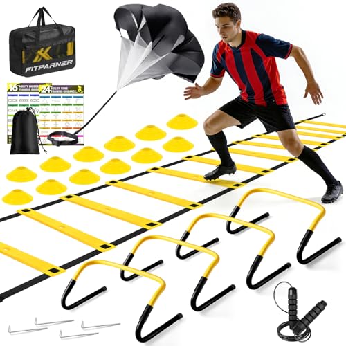 Agility Ladder, Soccer Football Training Equipment Set - 20ft Speed Ladder, 4 Hurdles,Parachute, 12 Cones & Jump Rope | Agility & Speed Training for Kids Youth Adults,Basketball & Football Accessories - color: Yellow