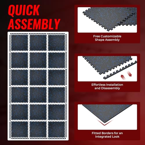 SUPERJARE 0.79'' Extra-Thick Exercise Equipment Mats, 18 Pcs 72 Sq Ft Rubber Top Floor Tiles with High Density EVA Foam, Interlocking Gym Flooring for Home Gym, Workout Mat, Black/Blue - size: 18 Tiles (72 Sq Ft)