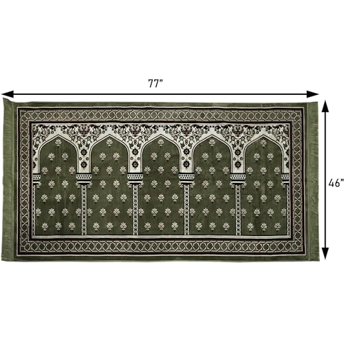 Modefa Turkish Islamic Prayer Rug - Multi Person Janamaz Sajada for Family or Large Gathering & Group Praying Carpet - Wide Plush Velvet Praying Mat Mihrab (5 Person Green) - color: Mihrab Green