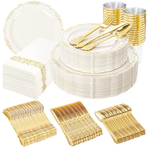 supernal 210pcs Ivory Plastic Plates Disposable Heavy Duty for Party for 30 - color: Ivory and Gold, size: 210pcs