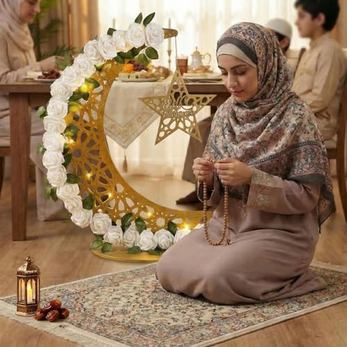 Novabright 27.5 in Eid Mubarak Stand Moon Light Decor LED Large Ramadan Lanterns Decorations Lighted Moon Shaped Wreaths for Muslim Home Office Bedroom Floor Yard Lawn Islamic Outdoor Decor