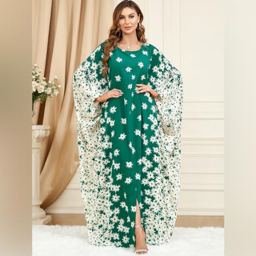 Embroidered Abaya Kaftans for Women Modern Elegant Dubai Moroccan Dubai Kaftan Dresses Abaya for Women Muslim Dress - color: Green-dandelion