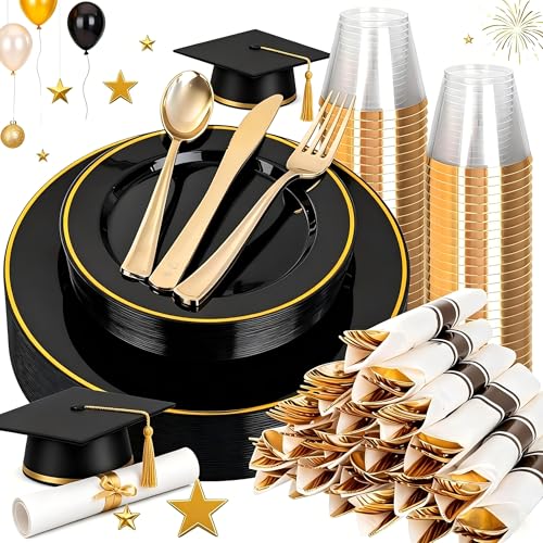 SUT 175 Pcs Black and Gold Plastic Dinnerware Set for 25 Guests, Include: 25 Dinner Plates, 25 Dessert Plates, 25 Pre Rolled Napkins With Silverware, 25 Cups, Disposable Plates for Party - color: Black/Gold, size: 175PCS