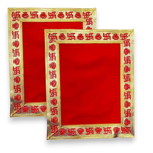 LOVENSPIRE Red Velvet Pooja Aasan Cloth for Mandir, Chowki & Home Decoration – Traditional Indian Prayer Mat for Diwali, Navratri, and Festival Rituals 10x20 Inches-2pcs - size: 10x20 Inches-2pcs