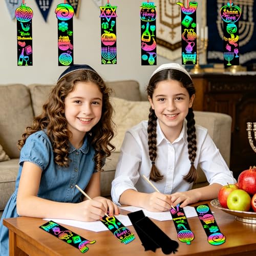 JUNEBRUSHS Rosh Hashanah Scratch Art Bookmarks 30 Pack Jewish New Year Scratch Cards Rosh Hashanah Crafts for Jewish Activities Rainbow DIY Gifts Party Supplies - style: Rosh Hashanah Style