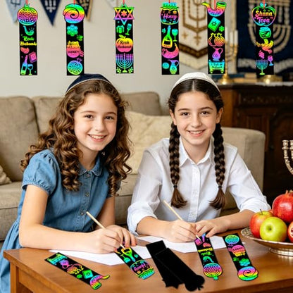 JUNEBRUSHS Rosh Hashanah Scratch Art Bookmarks 30 Pack Jewish New Year Scratch Cards Rosh Hashanah Crafts for Jewish Activities Rainbow DIY Gifts Party Supplies - style: Rosh Hashanah Style