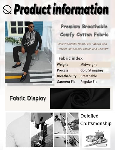 Mens African 2 Piece Sets Dashiki Metallic Traditional Suit Gold Stamp Printed Shirt and Pants Outfit - color: Black Silver, size: X-Large