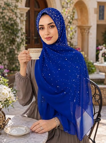 Chiffon Hijab Scarf for Women, Rhinestone Pearl Muslim Head Scarf, Lightweight Shawl Wrap - color: Royal Blue