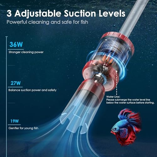 AKKEE Aquarium Vacuum Gravel Cleaner, 36W Electric Fish Tank Cleaner Vacuum, 8 in 1 Multifunctional Aquarium Cleaner for Automatic Water Change, Wash Sand, Water Circulation and Timed Off - color: Red