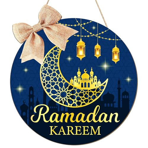 Wooden Ramadan Decorations Eid Mubarak Door Wreath for Front Door Sign Wall Hanger, Kareem Ornament Moon and Stars Sign Welcome Hanging for Home Decor Islamic Muslim Party Outdoor Indoor Supply