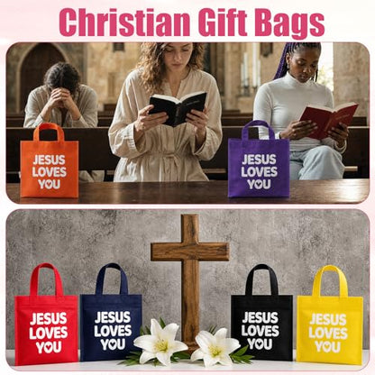 48 Pcs Christian Gift Bags Bulk Reusable Jesus Loves You Gift Bags with Handles, Non Woven Religious Gifts Bag for Church First Communion VBS Baptism Ramadan Party Favor Goodie Treat Bag (12 Colors)