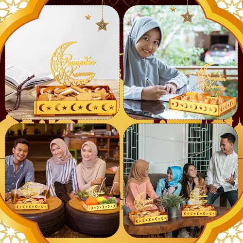 DoubleFill Ramadan Serving Tray Gold Eid Mubarak Holder Al-fitr Home Decoration for Moon Star Tray Gold Container for Home Islamic Muslim Party Tableware Kitchen Dessert Food Storage(Ramadan Kareem) - style: Ramadan Kareem