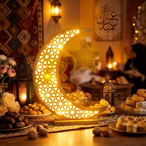 Cinnvoice Ramadan Decorations Moon Ramadan Lights for Table Home 2026, Crescent Lunar Moon Lamp for Eid Mubarak Decor Eid Ul Fitr Lamp Gifts Bedroom Livingroom(Wooden,Classic Style) - style: Classic Style