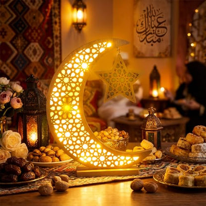 Cinnvoice Ramadan Decorations Moon Ramadan Lights for Table Home 2026, Crescent Lunar Moon Lamp for Eid Mubarak Decor Eid Ul Fitr Lamp Gifts Bedroom Livingroom(Wooden,Classic Style) - style: Classic Style