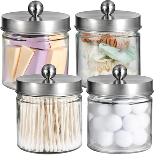 SheeChung Glass Mason Jar Qtip Holder Dispenser, Brushed Nickel Lids,4 Pack | Clear Apothecary Jar,Stainless Steel Lids,Small Bathroom Jars Canisters,Vanity Storage Organizer for Cotton Swabs,Balls,Floss - color: Brushed Nickel, size: 4 Pack