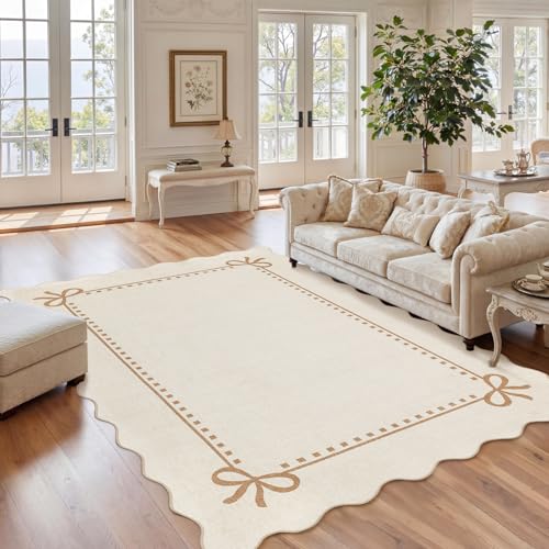 Garvee Scalloped Bow Rug for Living Room Washable Solid Beige 6x9 Area Rugs - color: Beige, size: 6' x 9' (Rectangular)