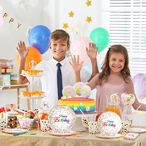 96 Pieces Happy Birthday Plates and Napkins Party Supplies for Confetti Sprinkles Theme Table Decorations Pastel Birthday Party Tableware Donut Paper Plates Napkins Forks Favors for 24 Guests. - style: Confetti Sprinkles
