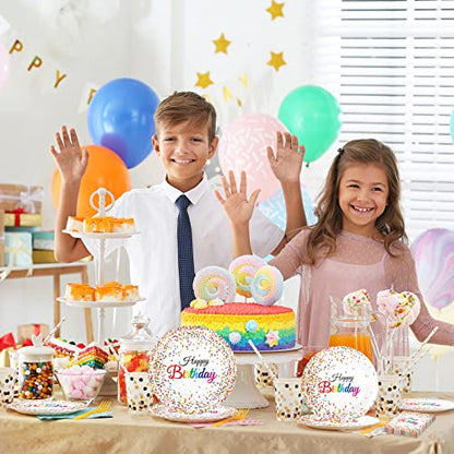 96 Pieces Happy Birthday Plates and Napkins Party Supplies for Confetti Sprinkles Theme Table Decorations Pastel Birthday Party Tableware Donut Paper Plates Napkins Forks Favors for 24 Guests. - style: Confetti Sprinkles