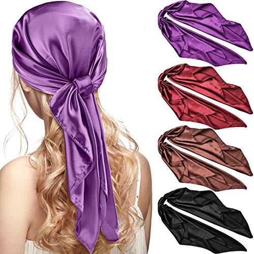 Syhood 4 Pcs 35 Inch Head Satin Large Bandana Satin Scarves Head Scarf for Women's Hair Square Scarf - color: Purplish Red, Purple, Coffee Color, Black