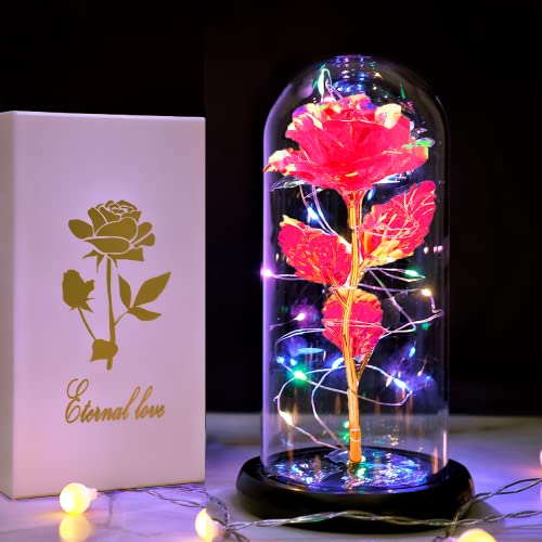 Fvawe Birthday Gifts for Women,Rose Glass Flowers Gifts for Mom,Galaxy Crystal Light Up Rose in A Glass Dome,Presents Girlfriend Wife Sister Grandma Her Anniversary Valentines Mothers Day, Red - color: Red Colorful
