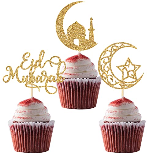 Four Ever Sweet 24pcs Gold Glitter Eid Mubarak Cupcake Toppers,Ramadan Kareem Decorations Topper,Star Moon Lantern Castle Theme Muslim Islamic Party Decors,Eid Festival Celebration Party Supplies