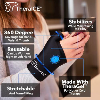 TheraICE Wrist Ice Pack Wrap Thumb Brace for Either Hand for Hot & Cold Therapy - Reusable Soft Gel Glove for Injuries, Carpal Tunnel, Arthritis, De Quervain's Tenosynovitis - Fits Most Men - L/XL