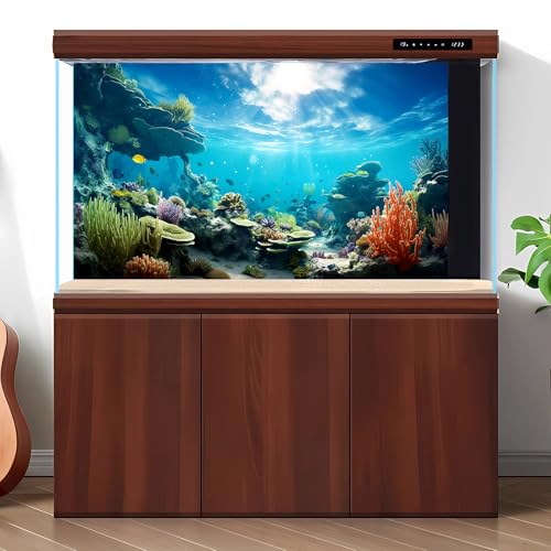 Ocean Aquarium Background Underwater Coral Reef Seascape Fish Tank Background Under Water Seaweed Floor Terrarium Backgrounds Cave Sunlight Fish Tank Backgrounds Aquarium Wallpaper Poster 48x24in - size: 48(W)x24(H)inches/ 120(W)*60cm(H)