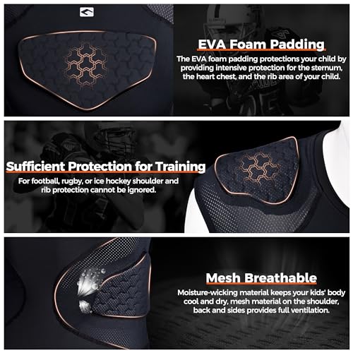 COOLOMG Youth Football Padded Shirt Chest Rib Protector | Football Compression Undershirt Heart Sternum Shoulder Protection - color: Black, size: X-Small slim
