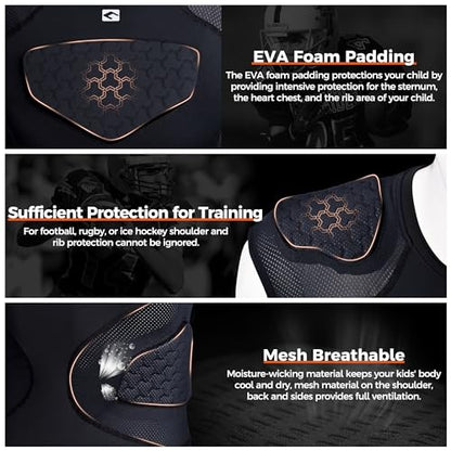 COOLOMG Youth Football Padded Shirt Chest Rib Protector | Football Compression Undershirt Heart Sternum Shoulder Protection - color: Black, size: X-Small slim
