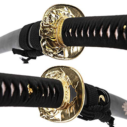 siwode Katana Handmade Full Tang Sharp, Alloy Tsuba Japanese Samurai Sword High Carbon Steel 1060,T10 1095, 40-Inch - color: Golden Skull