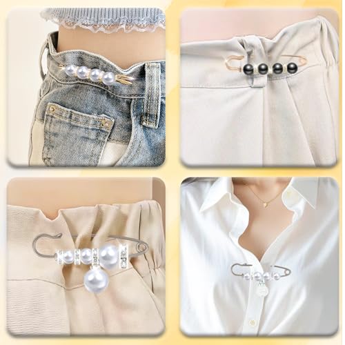16 Pieces Pearl Crystal Brooch Safety Pins Hijab Pins Pant Waist Tightener Safety Pins for Clothes Sweater Shawl Collar Dress Cardigan Shirt Jeans Decoration Accessories for Women Girls
