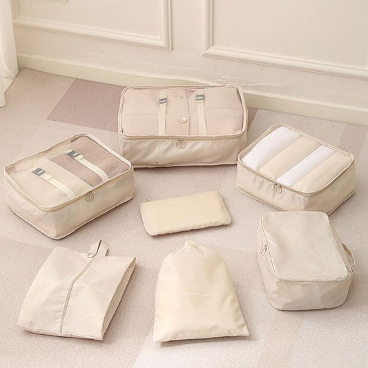 7 Set Packing Cubes for Travel, Luggage Packing Organizers for Business Travel and Vacation, Packing Cubes with Drawstring Bag S/M/L Garment Bags, Shoe Bag and Undergarment Bag, Khaki