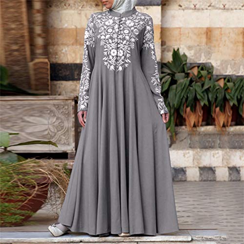 Islamic Fashion Dresses Middle Eastern Ethnic Kaftan Button Print Muslim Long Dress Dubai Turkey Arab Jilbab Dress - color: Grey, size: Large