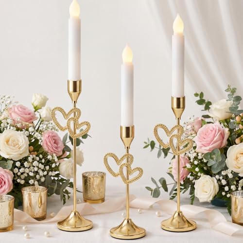 Ceenna 3 Pcs Gold Loving Heart Taper Candle Holders, 3 Size Candle Holders - style: Loving Heart