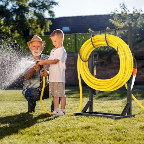 Garden Hose Holder Stand, BOLITE Heavy Duty Metal Hose Hanger, Holds 150ft | Freestanding & Detachable Water Hose Holder for Outside, 4 Spikes & 2 Tool Hooks, Storage Rack for Outside Yard Lawn Farm - style: Freestanding