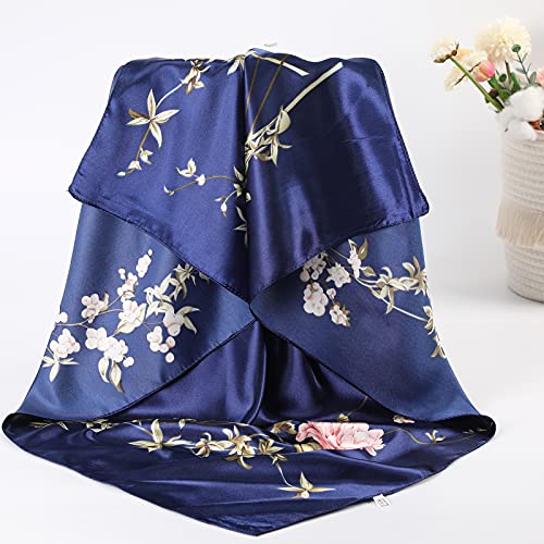 AWAYTR 35” Large Satin Square Head Scarf - 2Pcs Silk Like Floral Head Scarves Square Satin Hair Scarf Bandanas for Women - color: Flower(ha Cyan/Navy)