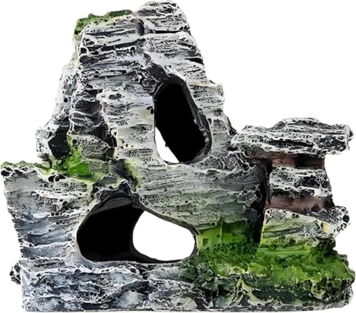Resin Aquarium Mountain Decor with Moss Rock Cave - Multi-Level Terrain for Fish Tank Landscaping, Natural-Looking Rockery Design with Hidden Cave and Crevices for Shrimp