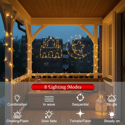 Eid Ramadan Mubarak Window Lights, 2 Pcs LED Hanging Decorations, Moon & Mosque Iron Art, Battery Operated with 8 Lighting Modes, Ramadan Decorations for Home & Festival Indoor & Outdoor Decor
