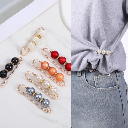 12 Pcs Pearl Brooch Pins 6 Styles Safety Pin for Women Girls Pant Waist Tightener Pins for Clothes Sweater Shawl Clips Pearl Rhinestones Brooches for Clothing Dress Scarves Cardigan Collar Jackets