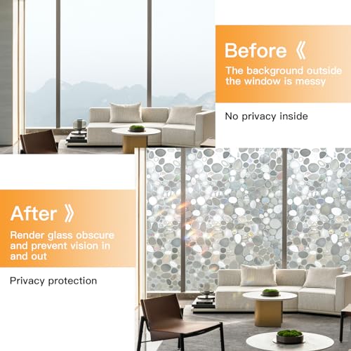 Window Privacy Film, Stained Glass Films, 3D Pebble Rainbow Windows Cling Decorative Window Decals, Sun Blocking Stickers Static Cling Door Windows Covering (17.5" x 78.7")