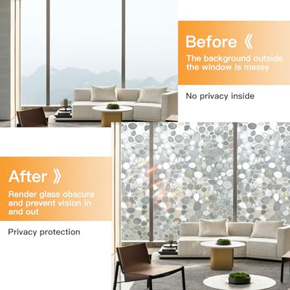Window Privacy Film, Stained Glass Films, 3D Pebble Rainbow Windows Cling Decorative Window Decals, Sun Blocking Stickers Static Cling Door Windows Covering (17.5" x 78.7")