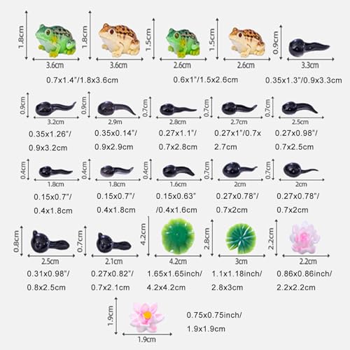 29Pcs Mini Artificial Pond Accessories Miniature Frog Tadpole Lotus and Water Lily Pad Figurines Resin Tiny Cake Toppers Decor for DIY Fairy Garden Bonsai Moss Landscape Aquarium Crafts